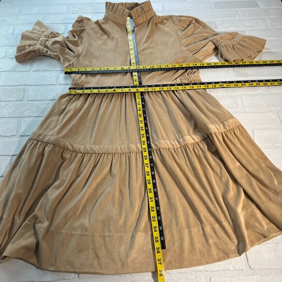 Gretchen Scott Dress Womens Large Beige Teardrop Ultra Suede Tiered Ruffle 3/4 - Picture 2 of 12